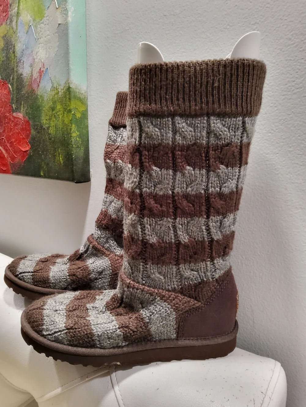 UGG Wool Suede Brown and Gray Striped Knit Winter Boots